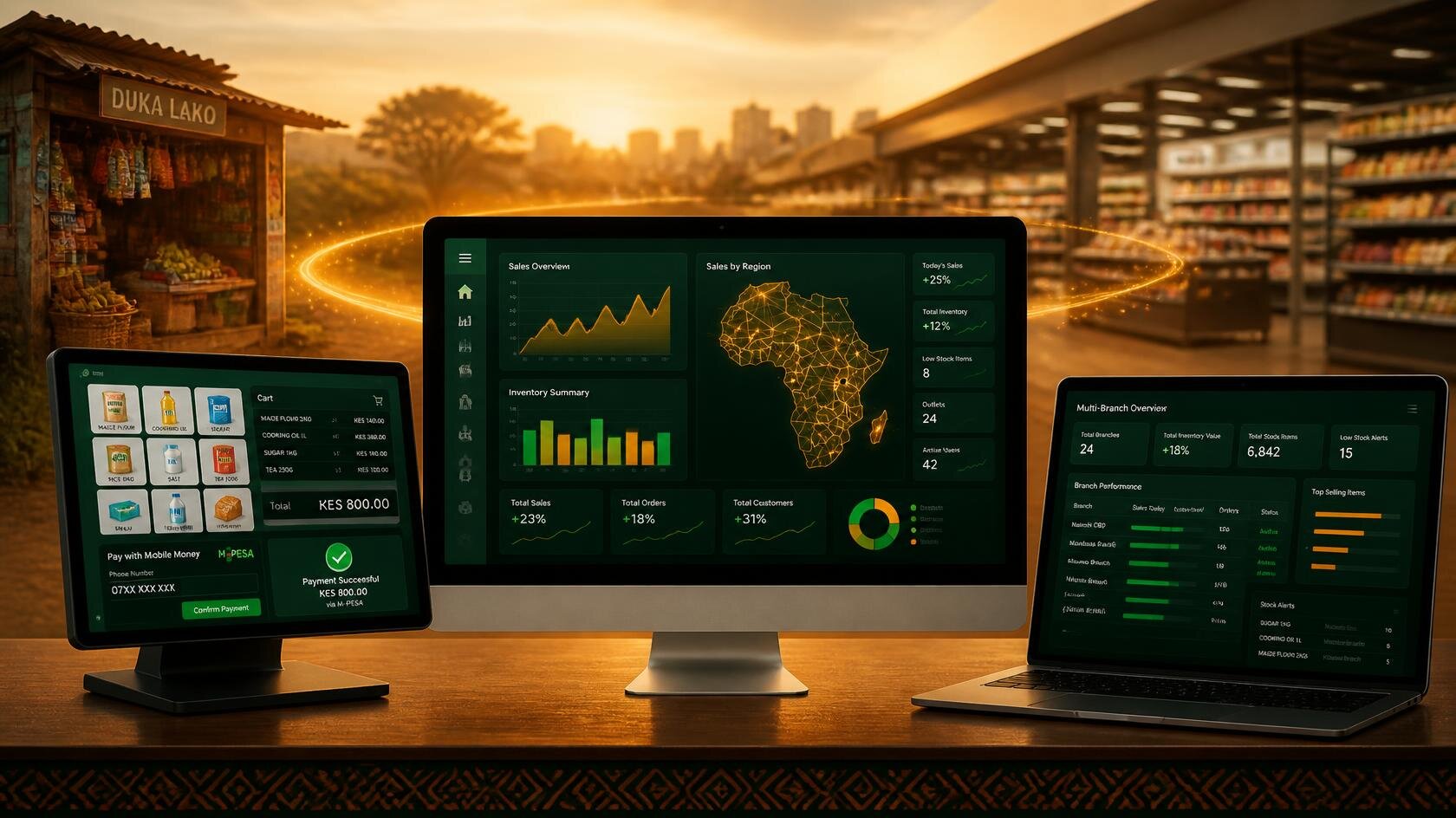 Alpha One on three screens — Mobile Money point of sale, regional sales dashboard and multi-branch overview